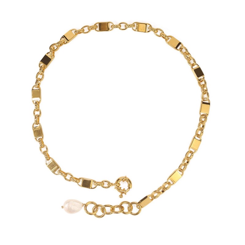 鎖型淡水珍珠套鍊 金色 粗鏈條項鍊女歐美個性復古網紅頸鏈鎖骨鏈-0