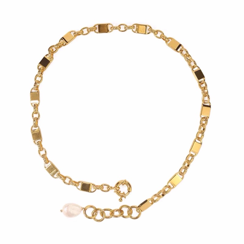 鎖型淡水珍珠套鍊 金色 粗鏈條項鍊女歐美個性復古網紅頸鏈鎖骨鏈-3