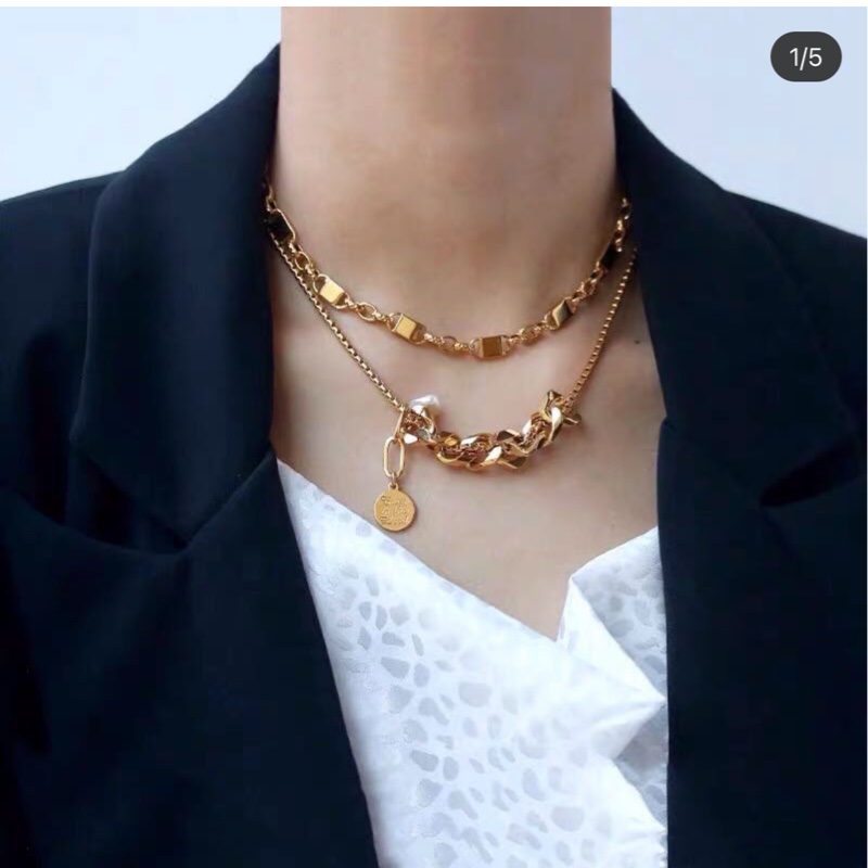 鎖型淡水珍珠套鍊 金色 粗鏈條項鍊女歐美個性復古網紅頸鏈鎖骨鏈-4