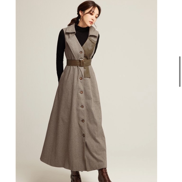 皮革拼接風衣洋裝 S-0