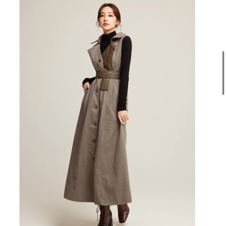 皮革拼接風衣洋裝 S-1