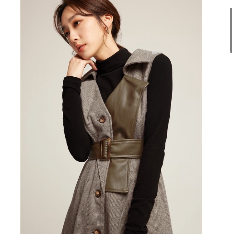 皮革拼接風衣洋裝 S-2