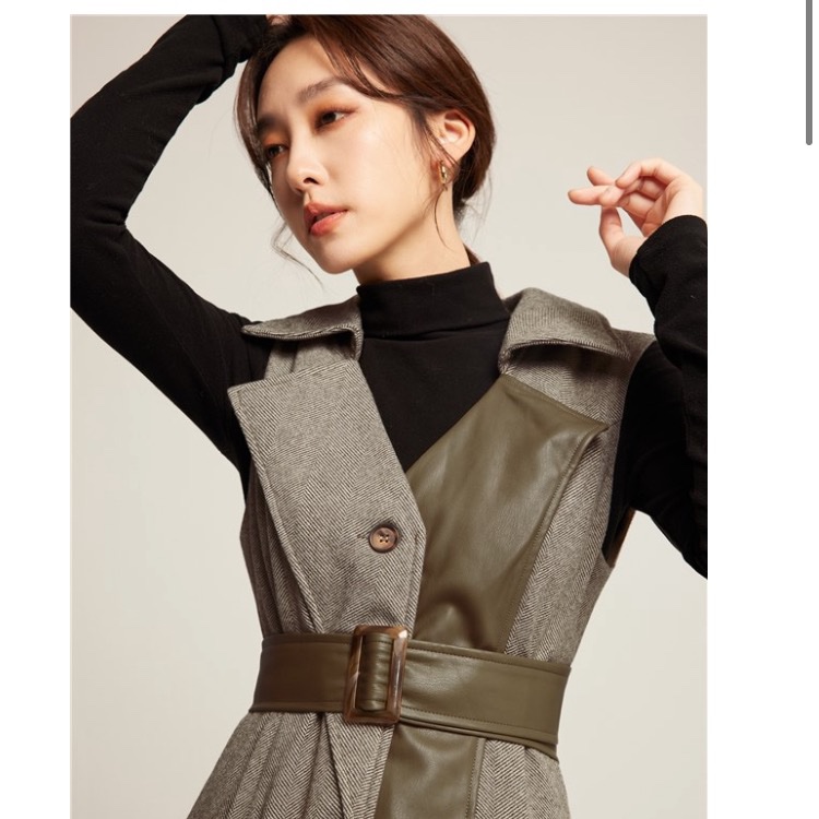 皮革拼接風衣洋裝 S-3