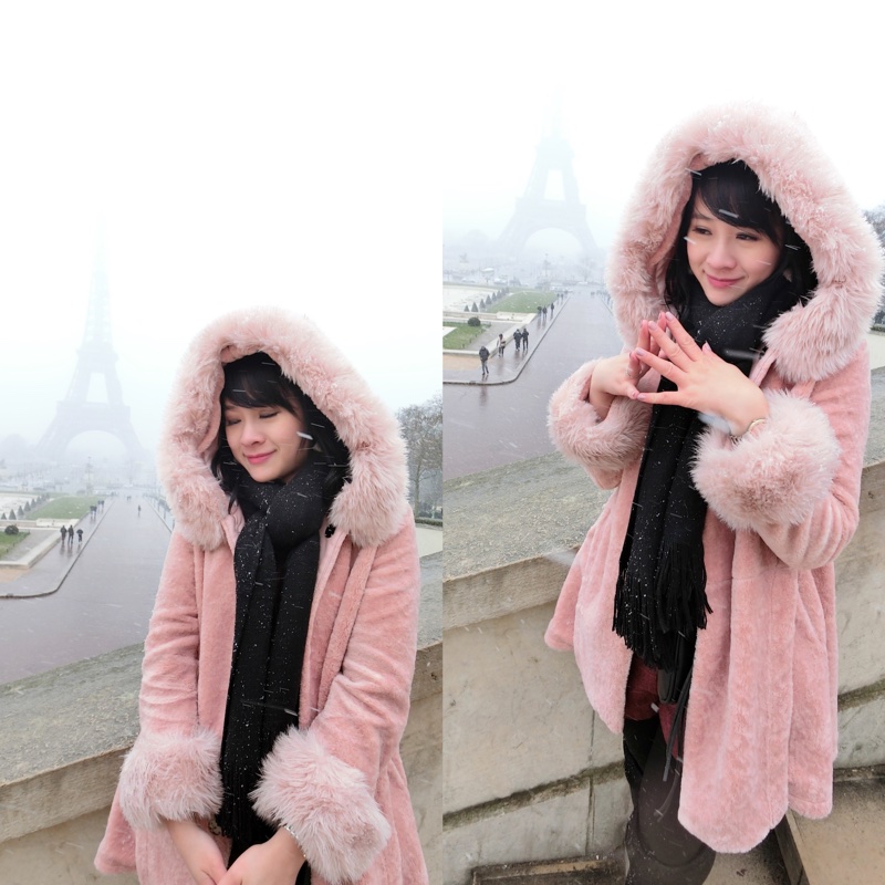 粉色毛呢連帽大衣（毛毛袖、毛毛帽）-0