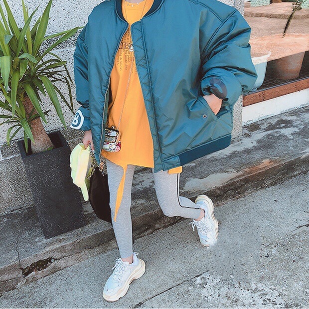 韓國代購X2 寬松塗鴉徽章兩面穿抽褶袖夾克飛行棉服外套-2