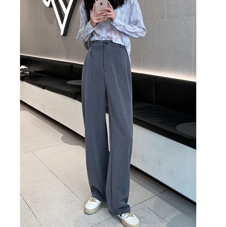 現貨 百搭垂墜感西裝褲 鬆緊腰 休閒長褲 直筒褲 黑色闊腿褲女韓版新款高腰垂感顯瘦直筒寬鬆拖地西裝褲夏 優質彈力 百搭款-0