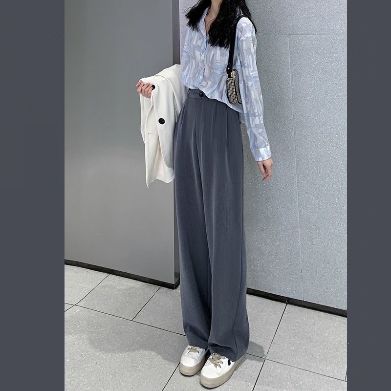 現貨 百搭垂墜感西裝褲 鬆緊腰 休閒長褲 直筒褲 黑色闊腿褲女韓版新款高腰垂感顯瘦直筒寬鬆拖地西裝褲夏 優質彈力 百搭款-1