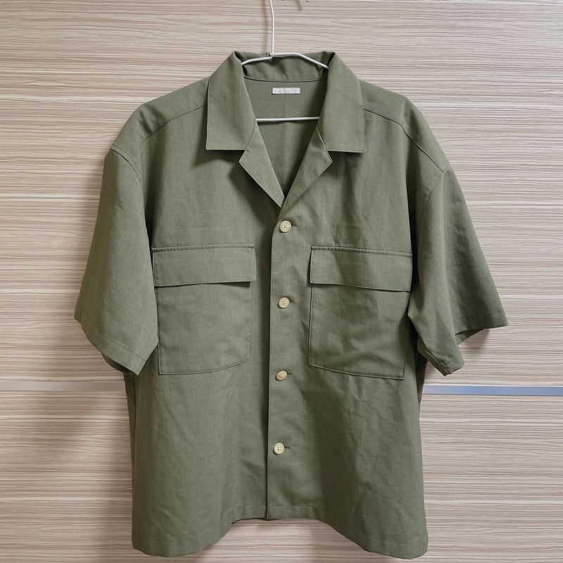 GU 棉麻短袖襯衫 軍綠 L-0