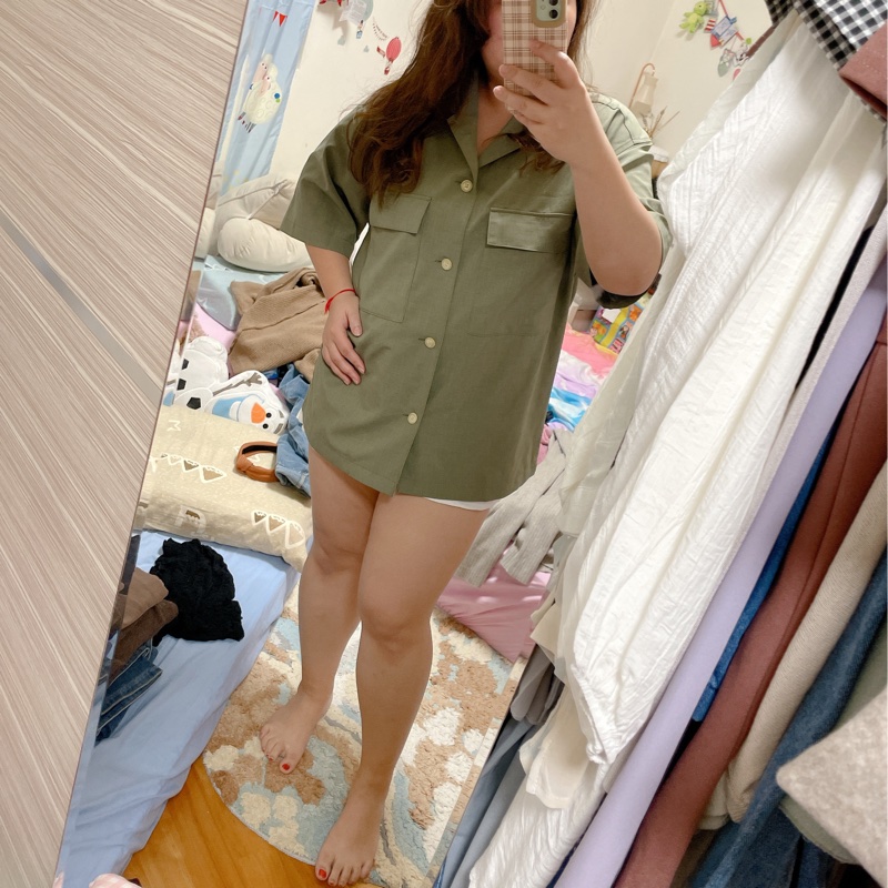 GU 棉麻短袖襯衫 軍綠 L-4