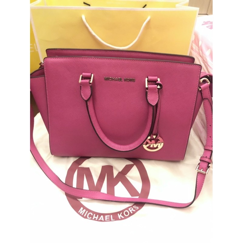 Michael Kors 正貨 桃紅 防刮皮革手提肩斜背蝙蝠包耳朵包-0