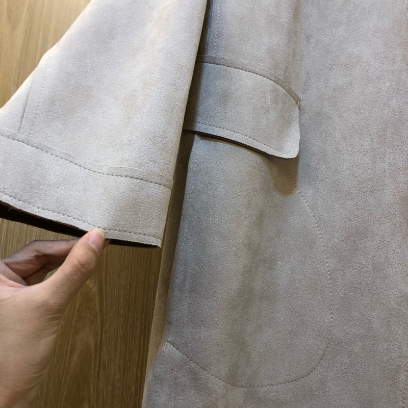 正韓 長版杏色麂皮大衣外套  質感無敵好 肩款約55 長87-2