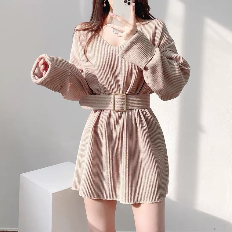 時尚甜美v領針織洋裝-1