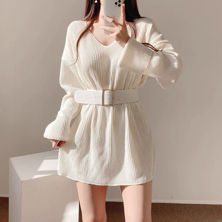 時尚甜美v領針織洋裝-3