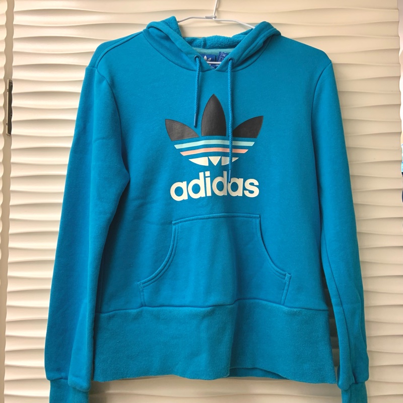ADIDAS ORIGINAL 愛迪達寶藍色土耳其藍三葉草logo磨毛長袖連帽上衣 帽T-0