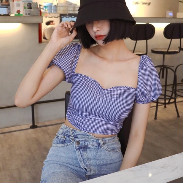 復古藍白格子方領短款泡泡袖短袖上衣-1