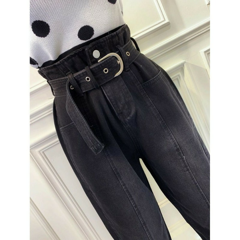 腰帶花苞車線寬鬆牛仔男友褲 牛仔長褲寬鬆牛仔褲 高腰長褲-1