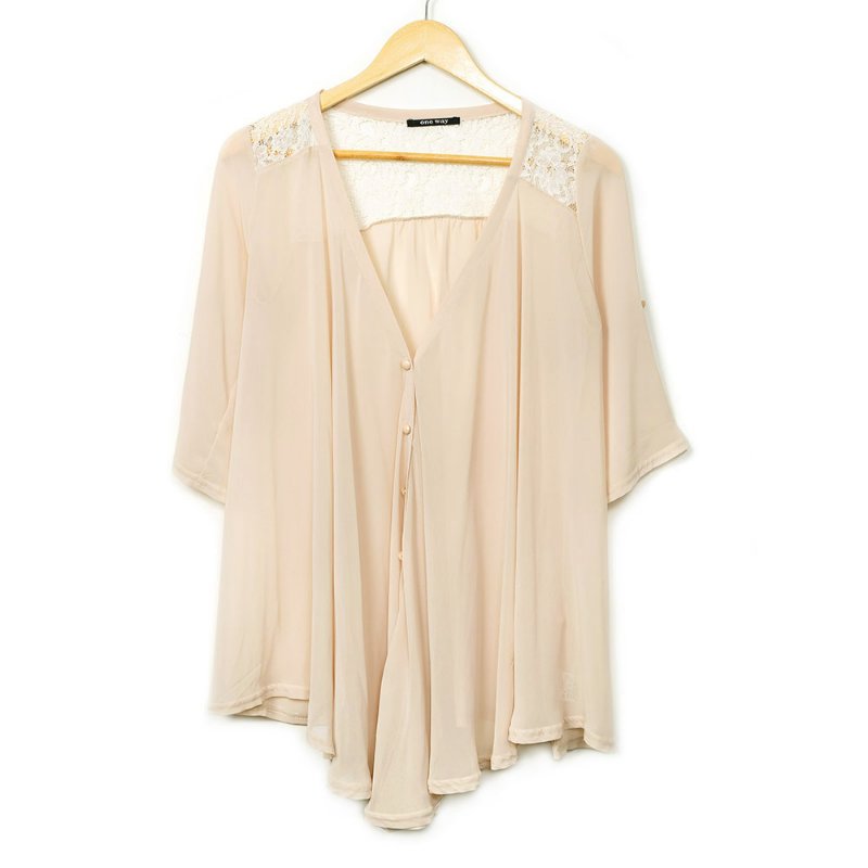 【朱俐靜私服】One Way 雪紡透膚蕾絲雕花罩衫-0