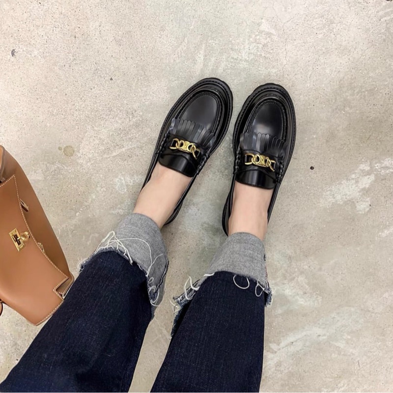 (全新)35-36號可穿 頂級小牛皮 霧面真皮流蘇凱旋門樂福鞋-0