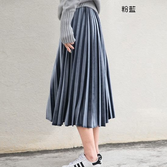 保留中-(二手 九成新)復古中長款金絲絨風琴百褶裙-0