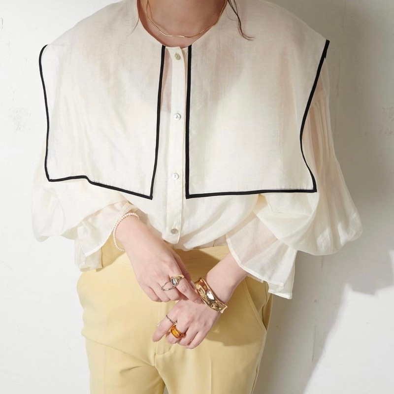 方領泡泡上衣 烏干紗 襯衫 米黃色 日本代購-0