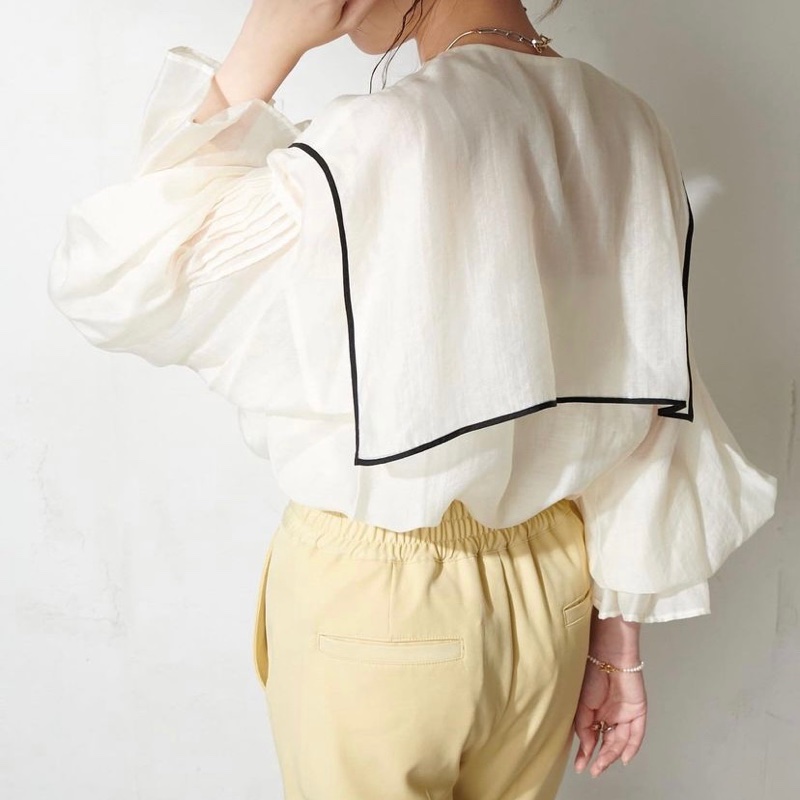 方領泡泡上衣 烏干紗 襯衫 米黃色 日本代購-1