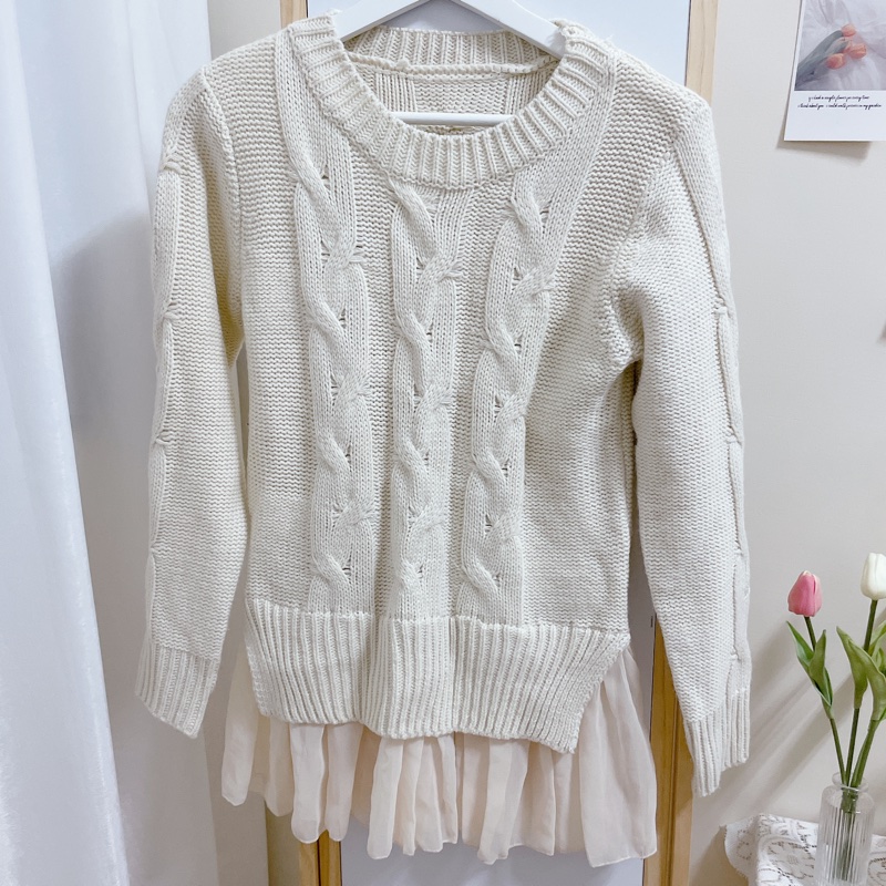 💕買一送一💕假兩件下擺雪紡麻花針織上衣-0