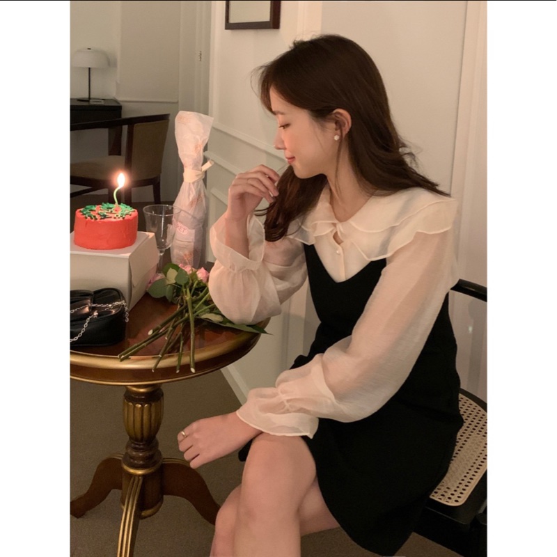 甜美大翻領網紗泡泡袖襯衫+黑色吊帶背心裙/連身裙仙女/V領/ins/顯瘦/雪紡上衣/春夏/蕾絲拼接襯衫/婚禮穿搭/白色/-0