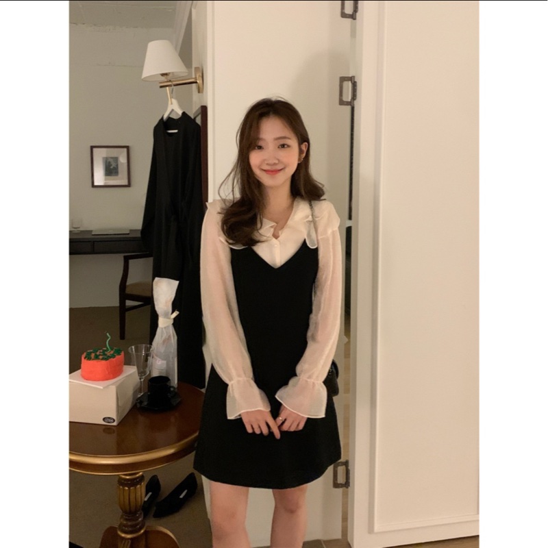 甜美大翻領網紗泡泡袖襯衫+黑色吊帶背心裙/連身裙仙女/V領/ins/顯瘦/雪紡上衣/春夏/蕾絲拼接襯衫/婚禮穿搭/白色/-1