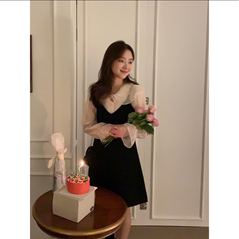 甜美大翻領網紗泡泡袖襯衫+黑色吊帶背心裙/連身裙仙女/V領/ins/顯瘦/雪紡上衣/春夏/蕾絲拼接襯衫/婚禮穿搭/白色/-3