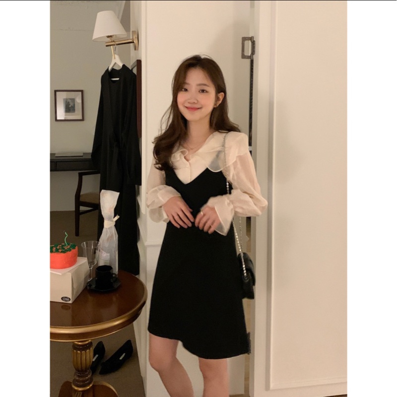 甜美大翻領網紗泡泡袖襯衫+黑色吊帶背心裙/連身裙仙女/V領/ins/顯瘦/雪紡上衣/春夏/蕾絲拼接襯衫/婚禮穿搭/白色/-6