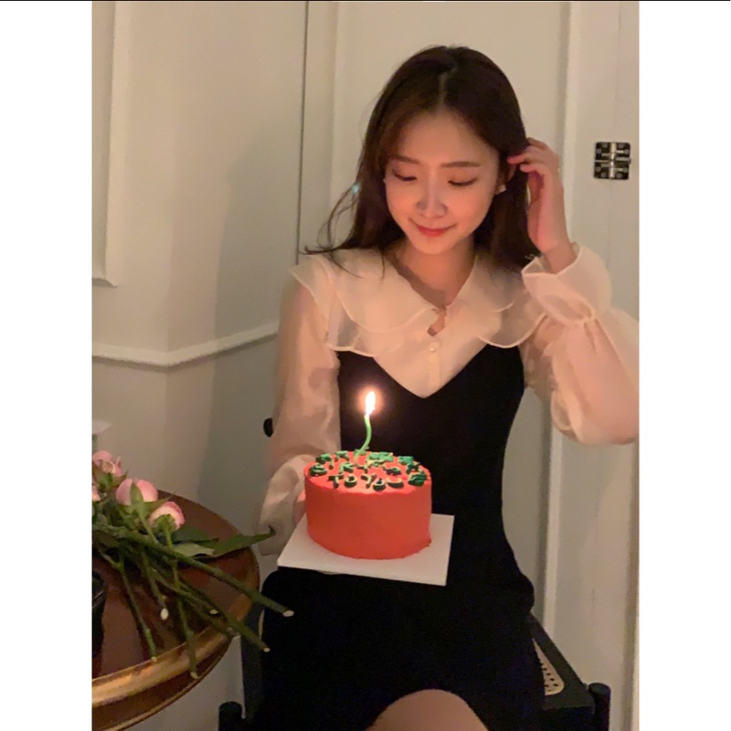 甜美大翻領網紗泡泡袖襯衫+黑色吊帶背心裙/連身裙仙女/V領/ins/顯瘦/雪紡上衣/春夏/蕾絲拼接襯衫/婚禮穿搭/白色/-7