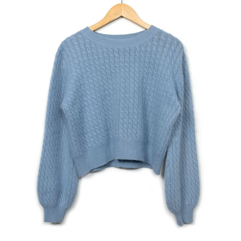 【艾琳私服】水藍色海馬毛麻花泡泡袖毛衣-0