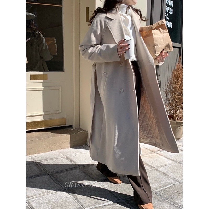 全新轉售燕麥杏 燕麥灰色 翻領綁帶排釦夾棉毛呢大衣 長版大衣 毛呢大衣 排釦大衣 毛呢外套 保暖外套-1