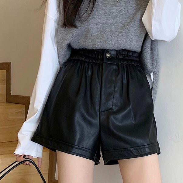 鬆緊短皮褲 黑-0