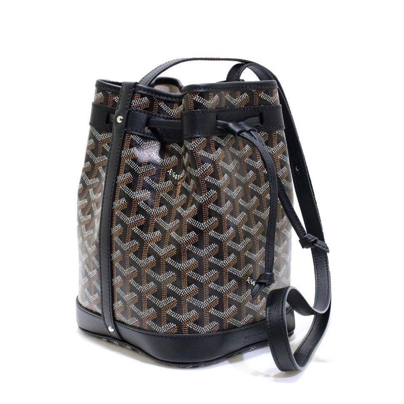 Goyard戈雅同款新黑色迷你抽繩水桶包 高雅德側背包帆布配牛皮肩帶-0