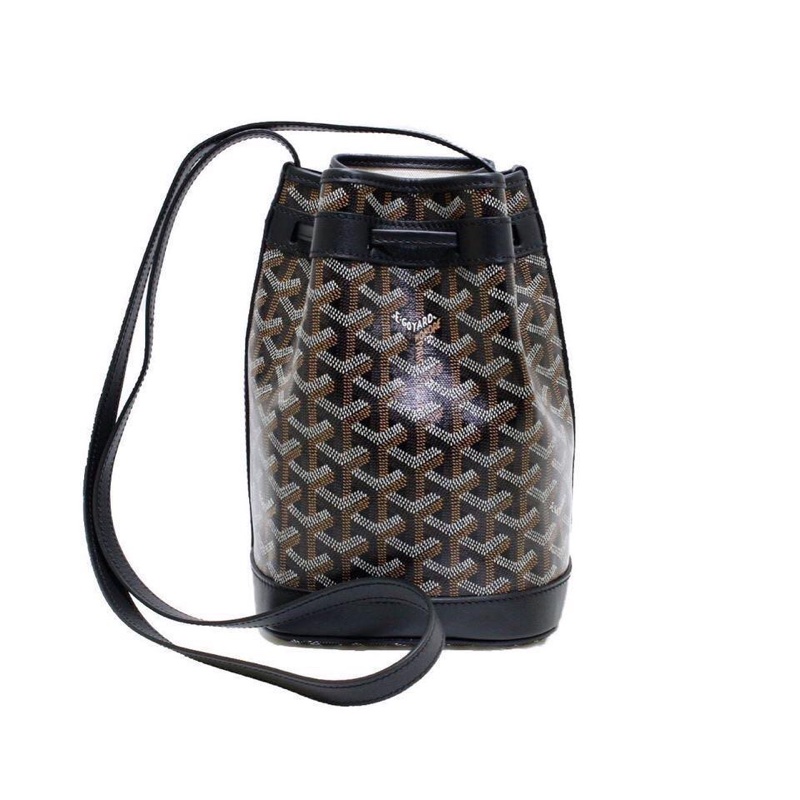 Goyard戈雅同款新黑色迷你抽繩水桶包 高雅德側背包帆布配牛皮肩帶-1