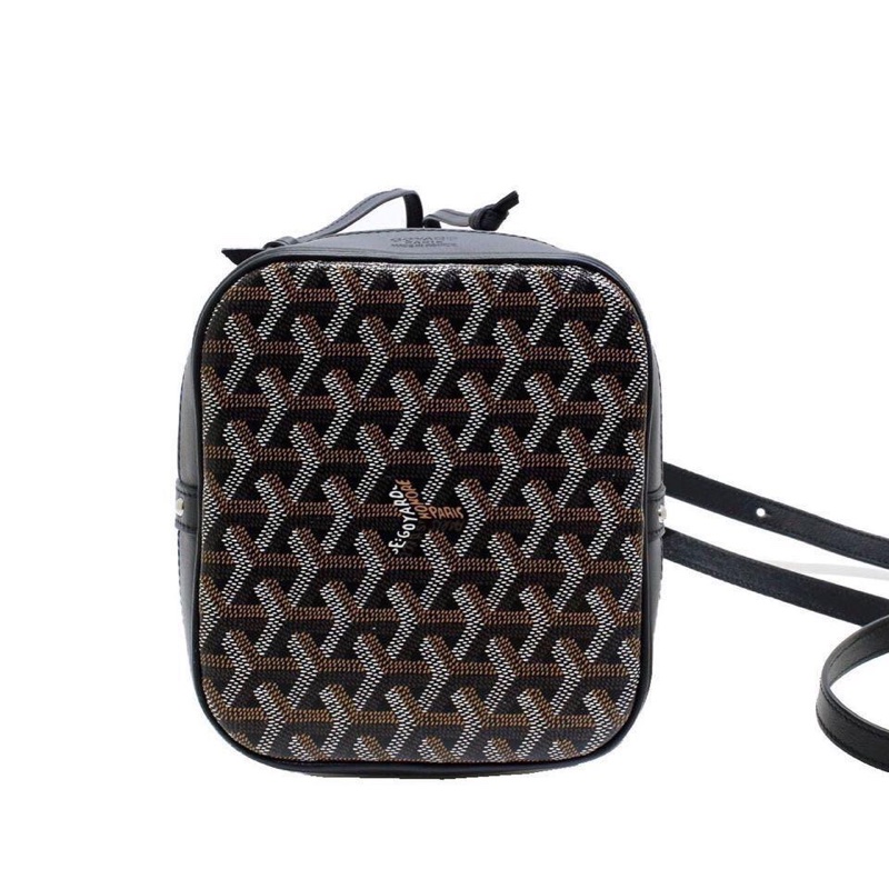 Goyard戈雅同款新黑色迷你抽繩水桶包 高雅德側背包帆布配牛皮肩帶-2