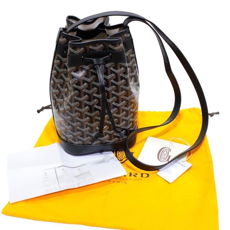 Goyard戈雅同款新黑色迷你抽繩水桶包 高雅德側背包帆布配牛皮肩帶-4