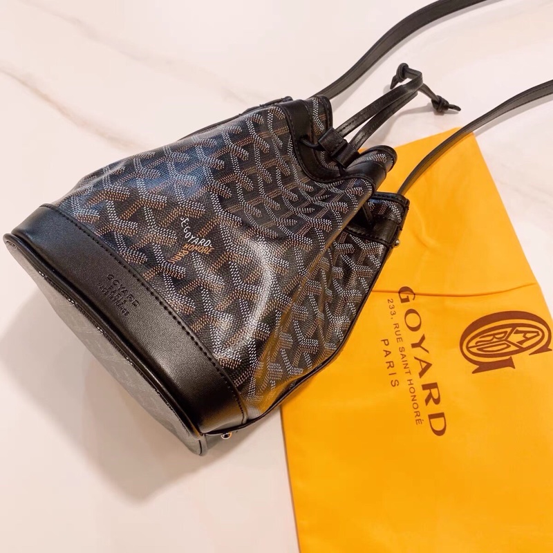 Goyard戈雅同款新黑色迷你抽繩水桶包 高雅德側背包帆布配牛皮肩帶-6
