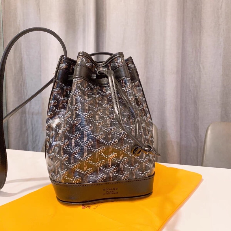 Goyard戈雅同款新黑色迷你抽繩水桶包 高雅德側背包帆布配牛皮肩帶-7