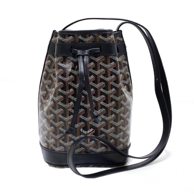 Goyard戈雅同款新黑色迷你抽繩水桶包 高雅德側背包帆布配牛皮肩帶-8