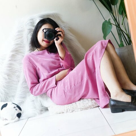 淺淺粉紅綴羽浪漫側包裙擺 古董紡紗連身洋裝長裙vintage dress