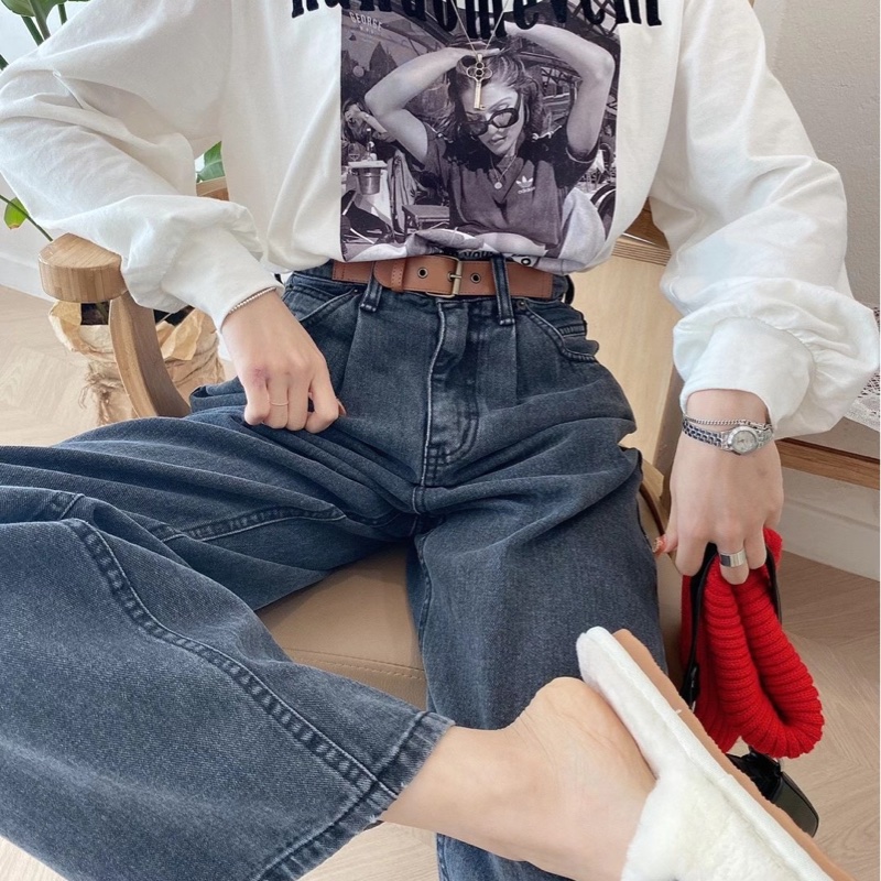 韓版復古淺黑高腰直筒牛仔寬褲 拖地褲 牛仔褲 牛仔長褲 褲子 女裝 長褲  落地褲-0