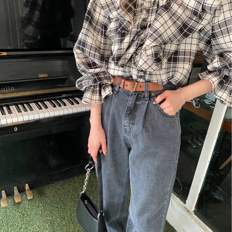 韓版復古淺黑高腰直筒牛仔寬褲 拖地褲 牛仔褲 牛仔長褲 褲子 女裝 長褲  落地褲-1