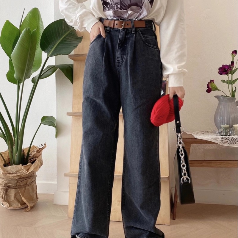 韓版復古淺黑高腰直筒牛仔寬褲 拖地褲 牛仔褲 牛仔長褲 褲子 女裝 長褲  落地褲-2
