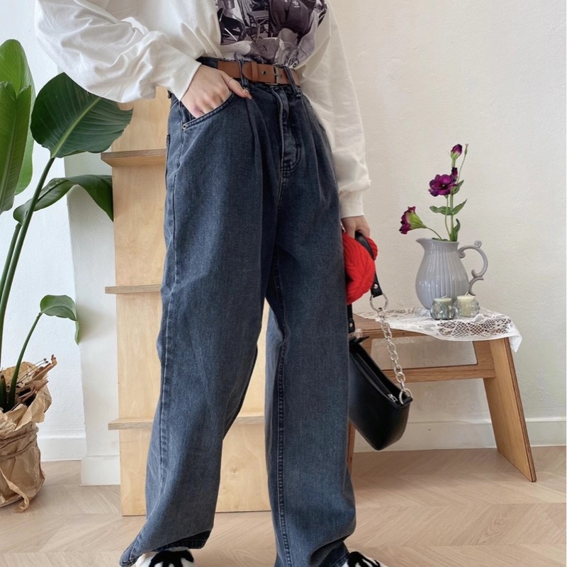 韓版復古淺黑高腰直筒牛仔寬褲 拖地褲 牛仔褲 牛仔長褲 褲子 女裝 長褲  落地褲-3