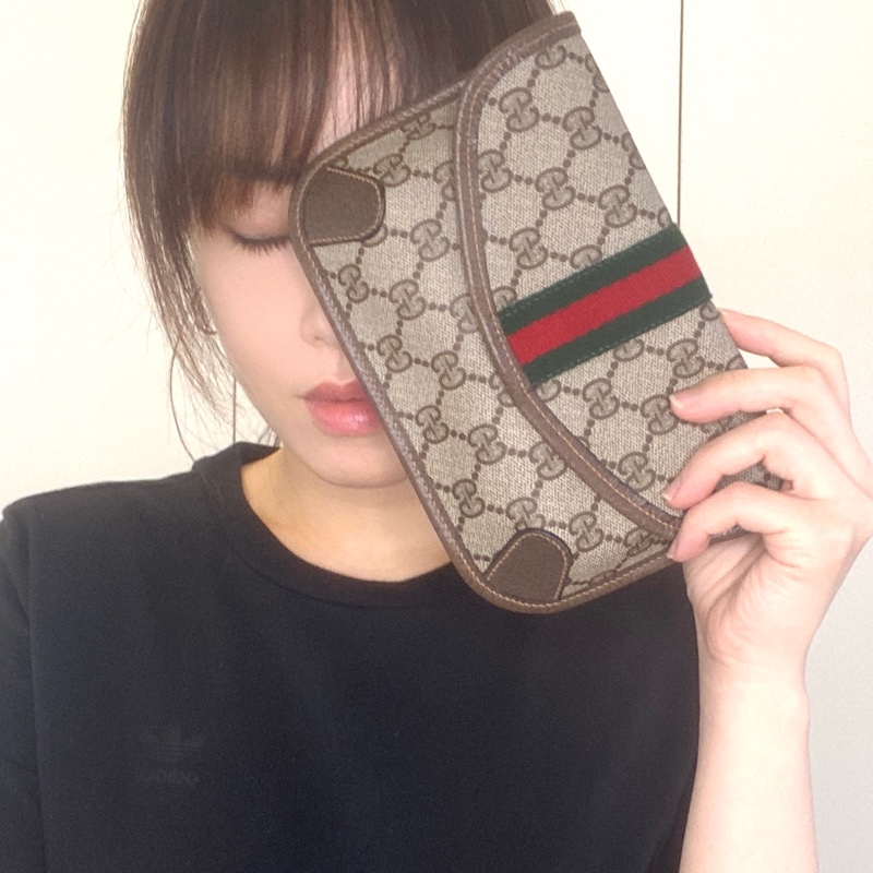 GUCCI經典老花紅綠織帶手拿包/化妝包-0