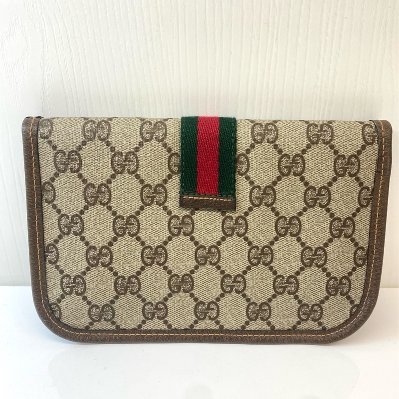 GUCCI經典老花紅綠織帶手拿包/化妝包-4