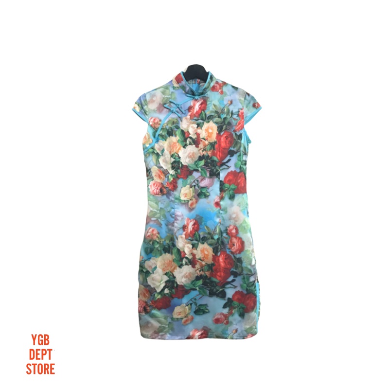 🌞second hand🌞水藍玫瑰園緞面旗袍洋裝(๑•ૅㅁ•๑)美式日系復古辣妹個性90s00s-0