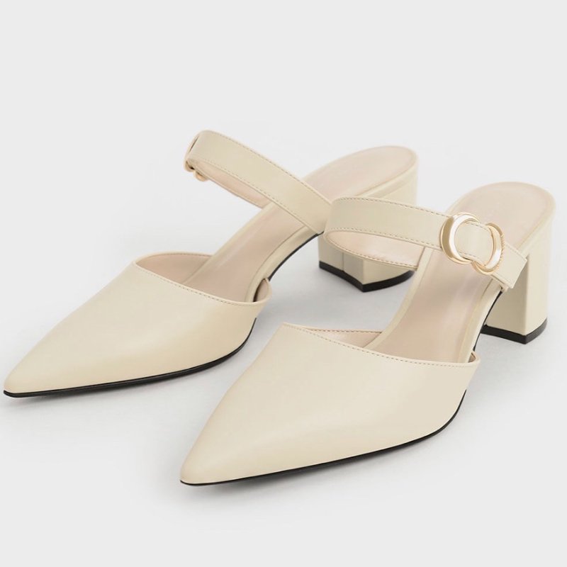 CHARLES & KEITH 小CK C釦 皮革帶 穆勒鞋 石灰白 時尚 穿搭 女鞋 鞋跟 跟鞋 女款 休閒款式-0